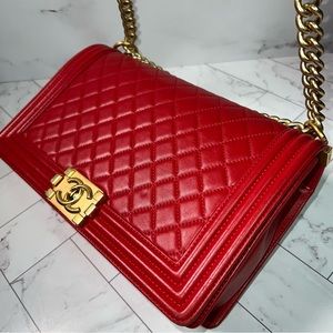 CHANEL BOY Red W Gold hardware.